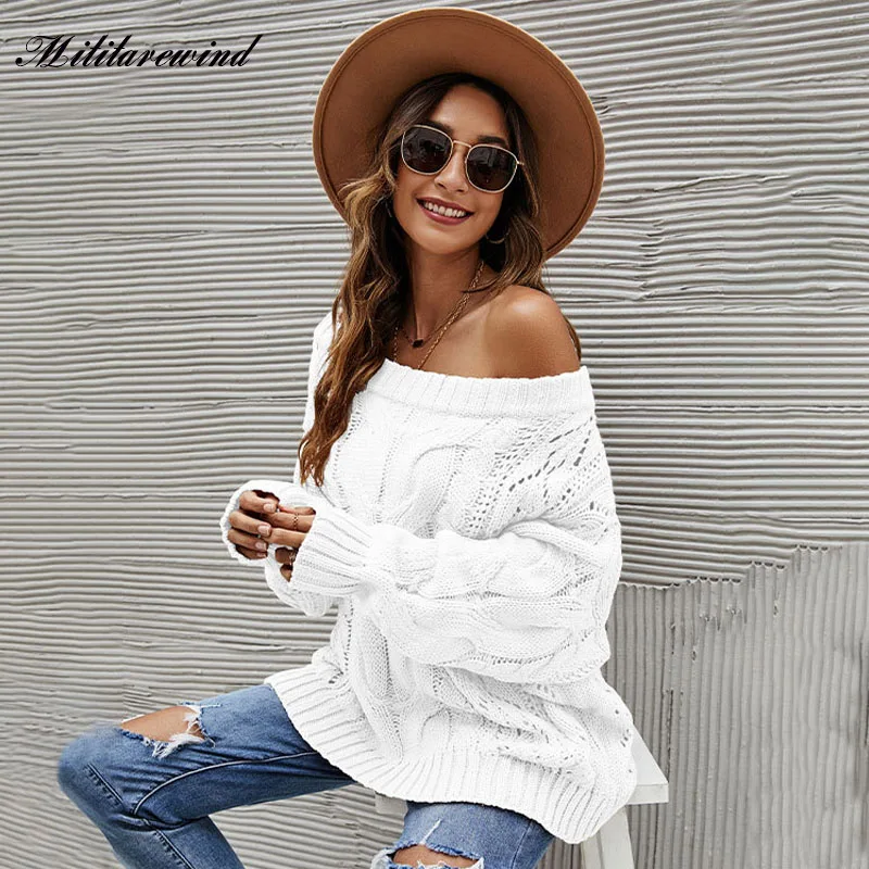 

2023 Off Shoulder Slash Neck Sweater Women Pullover Long Sleeve Casual Autumn Winter Solid Hole Femme Knitted Knitwear Sweaters
