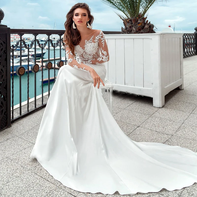 

Stain Mermaid O-Neck HY113 Floor Length Long Sleeves Wedding Dress For Women Elegant Lace Bridal Gowns Vestidos De Novia