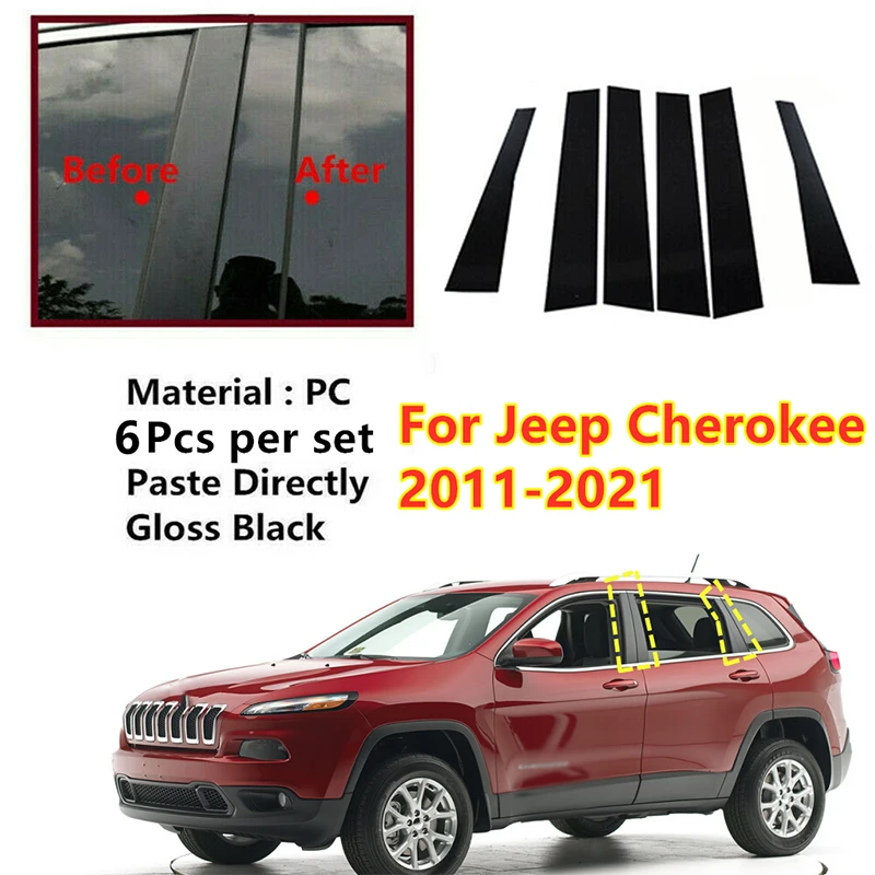 

For Jeep Cherokee 2011-2021 6Pcs Door Window Trim Cover Polished Pillar Post Sticker Black Auto Car Styling Accessories Kit