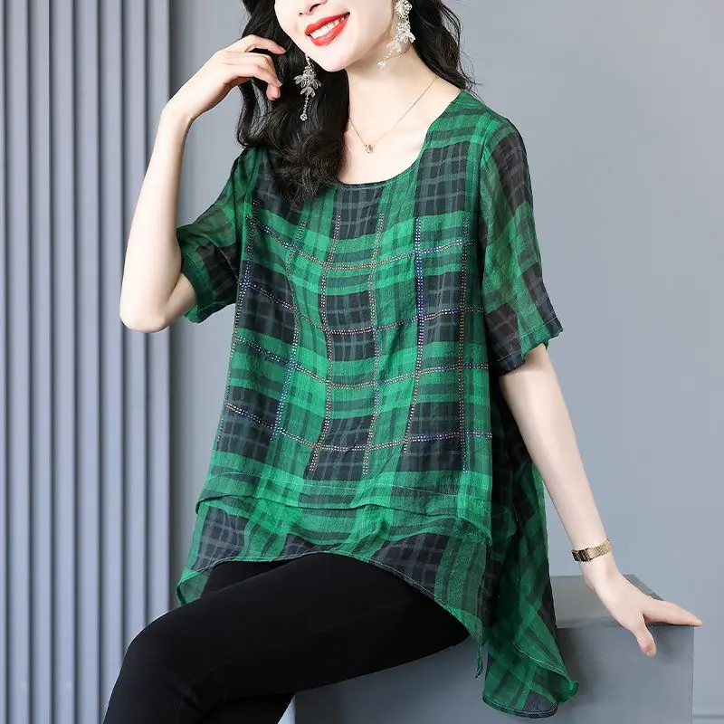 

Summer Korean Plaid O-neck Short Sleeve Blouse Women Clothing Office Lady Diamonds Loose Pullover Shirts Ladies Casual Printing