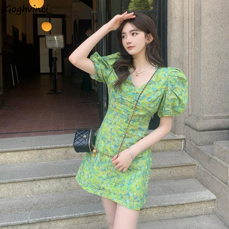 

Dresses Women Sweet Lovely Korean Style Puff Sleeve V-neck Folds Ins Popular New Design Fashion All-match Elegant Hot Sale Cozy