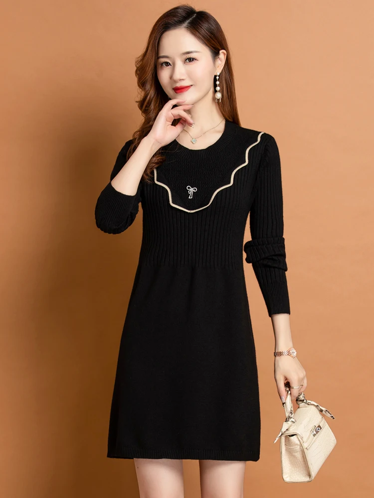 Трикотажное платье Женское осенне-зимнее новое пуловер средней длины с круглым
