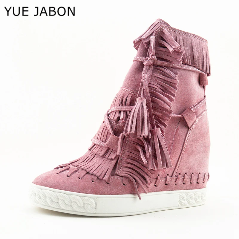 Nude Woman Cow Suede Leather Tassel Ankle Boots Womens Height Increasing High Heels Shoes Female Plus Size Lace up