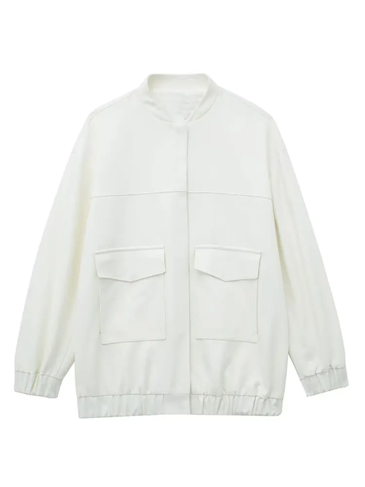 

2023 Autumn Winter Fashion White Double Pockets Jacket Women Elegant Female Loose Long Sleeve Coat Chic Ladies Sweet Outerwear