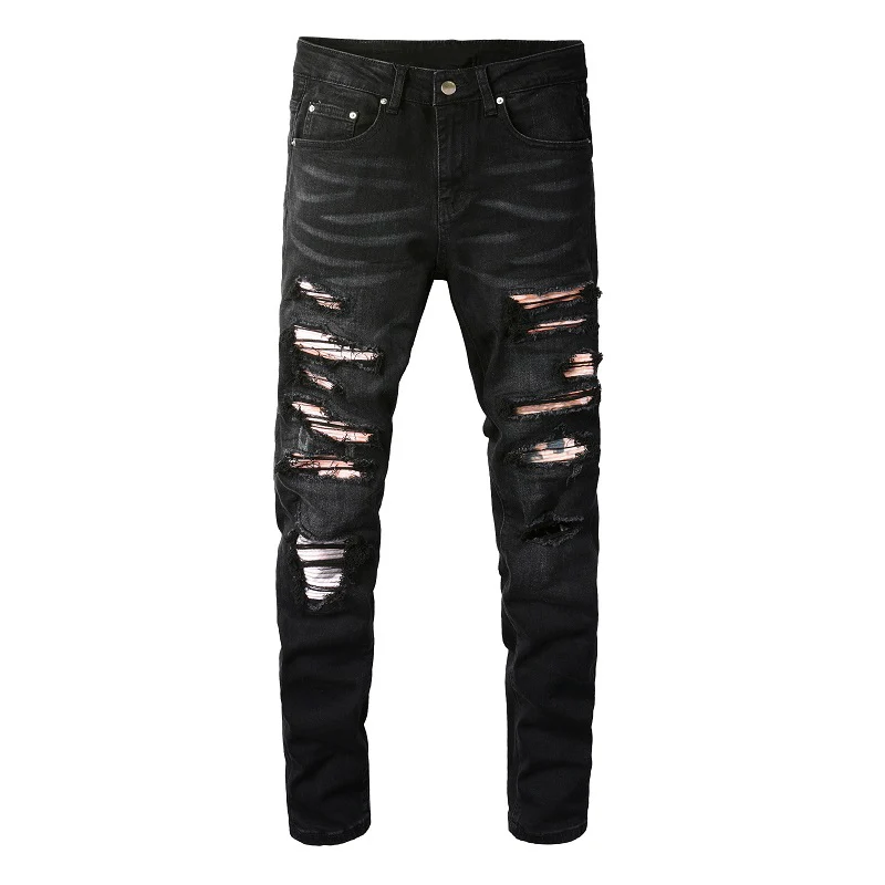 

Men Cracked Pleated Patch Biker Jeans Streetwear Patchwork Holes Ripped Distressed Stretch Denim Pants Skinny Trousers