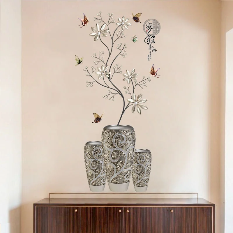 

1PCS 58*118cm Silver Vase Flower Wall Stickers Art Butterfly Tree Home Decor Vinyl DIY Wall Decals Potted Plant Rooms Decoration