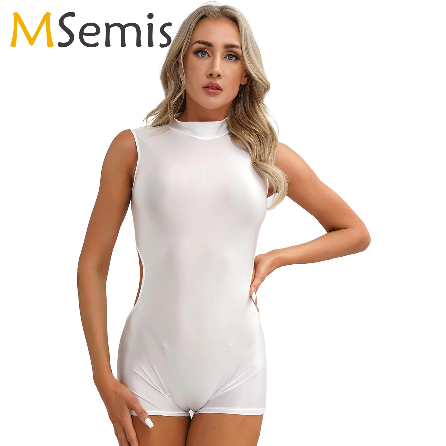 

Womens Glossy Sleeveless Cutout Tight Bodysuit Slim Fit Short Jumpsuit Swimsuit for Gymnastics Ballet Fitness Exercise Workout