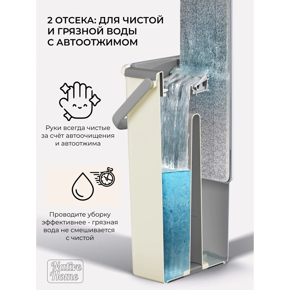 Комплект для уборки Native Home ведро с отжимом 6л + швабра 125см насадка швабры 2шт