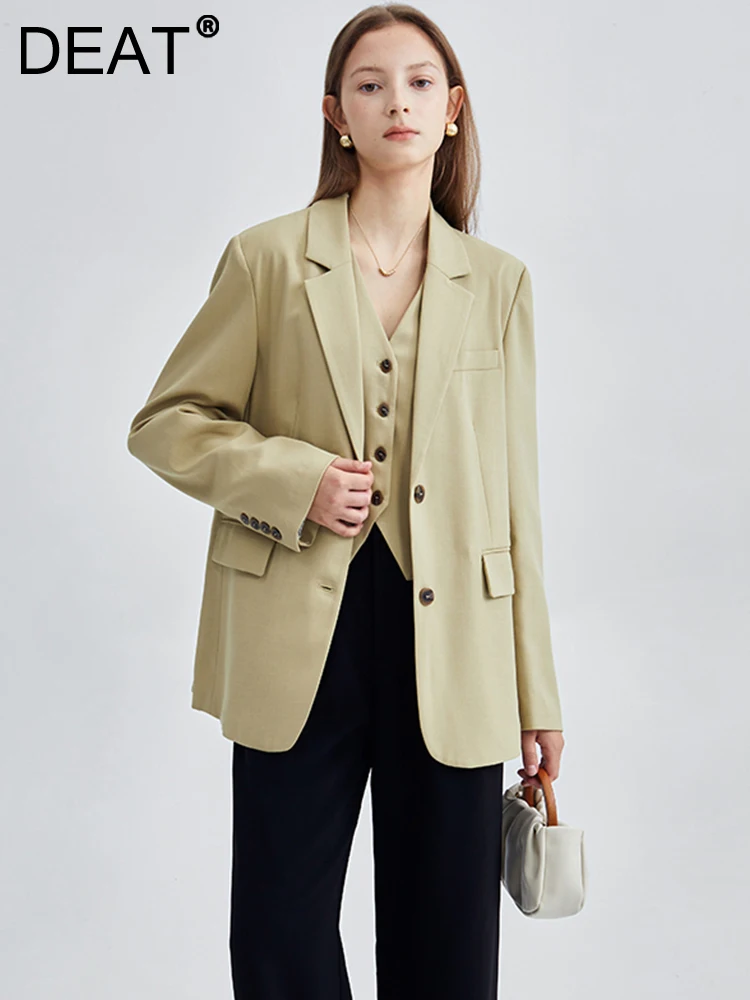 

DEAT Fashion Women's 2 Pcs Set V-neck Sleeveless Vest Notched Collar Single Breasted Yellow Blazer Suit Autumn 2023 New 17A9968
