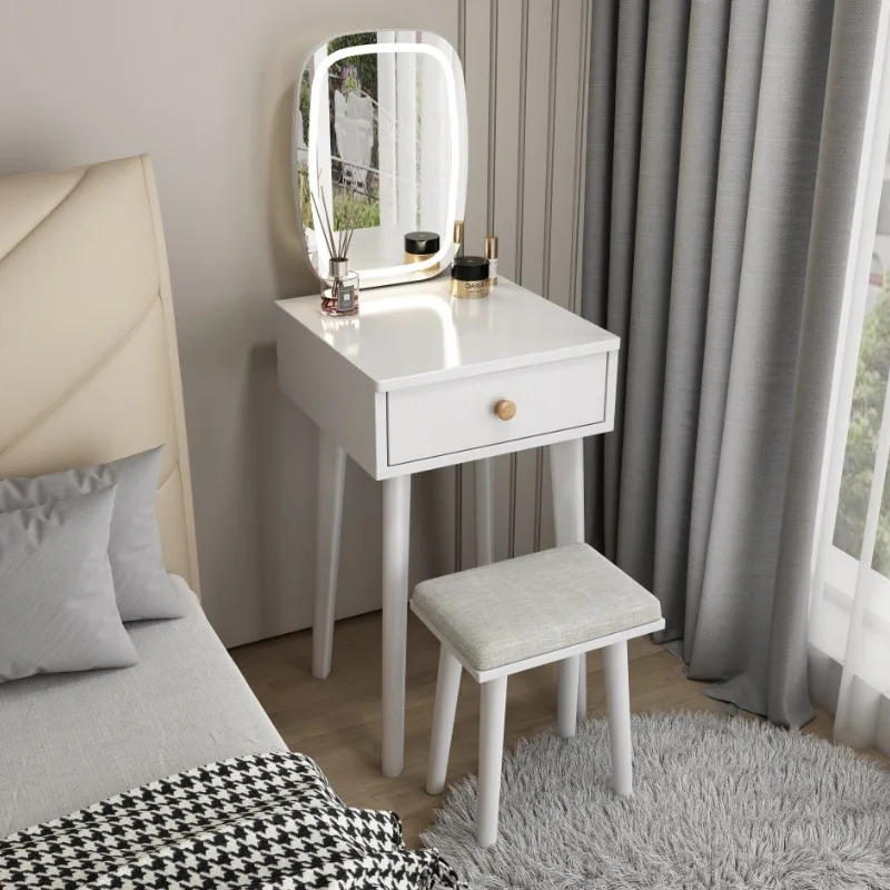 

Solid Wood Dresser with Mirror Stool Dressers Makeup Cosmetic Vanity Cabinet LED Make Up Mirror Bedroom Furniture Storage Racks