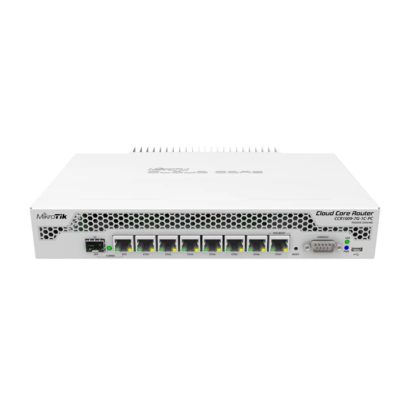 

Mikrotik CCR1009-7G-1C-PC 7x Gigabit Ethernet, 1x Combo port (SFP or Gigabit Ethernet), 9 cores x 1GHz CPU, 1GB RAM