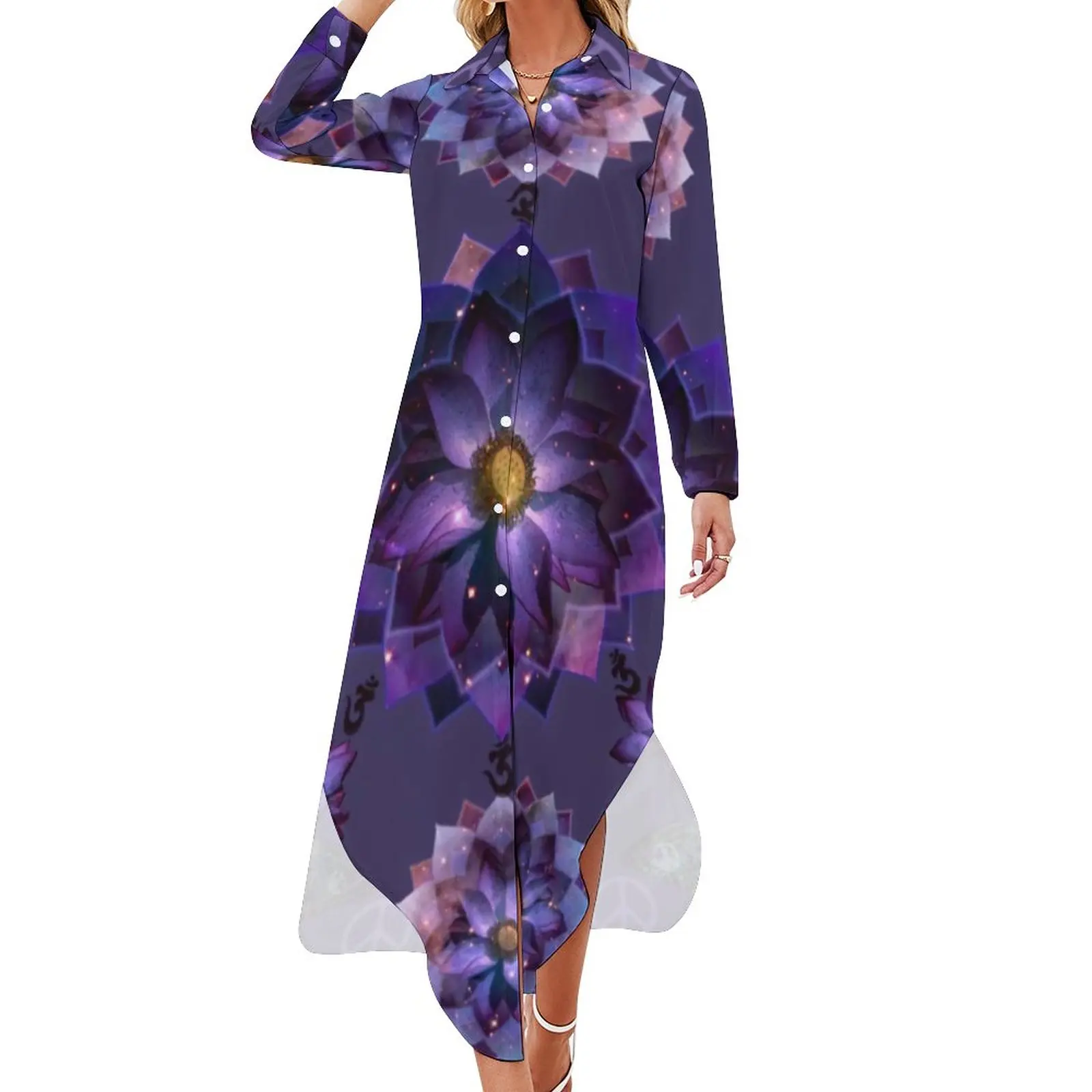 

Мистическое шифоновое платье с цветочным принтом лотоса и мандалой, современные весенние платья с духовным фиолетовым цветочным принтом, у...