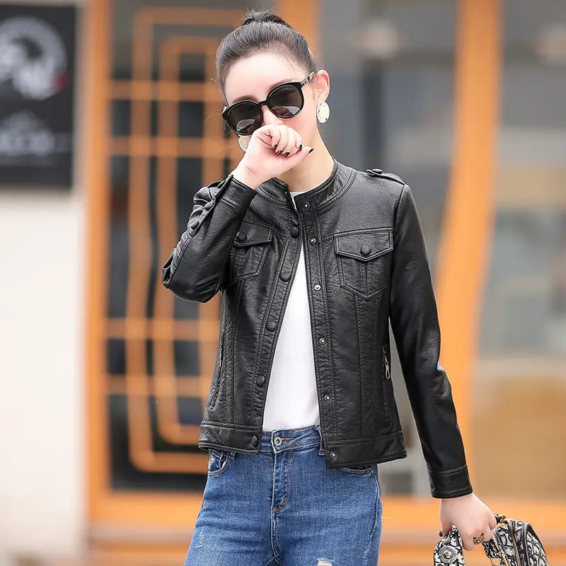 Hot Spring New Women Genuine Leather Jacket Oversized Korean Fashion Female Slim Stand Collar Coat Girl Sheepskin Pocket Outwear
