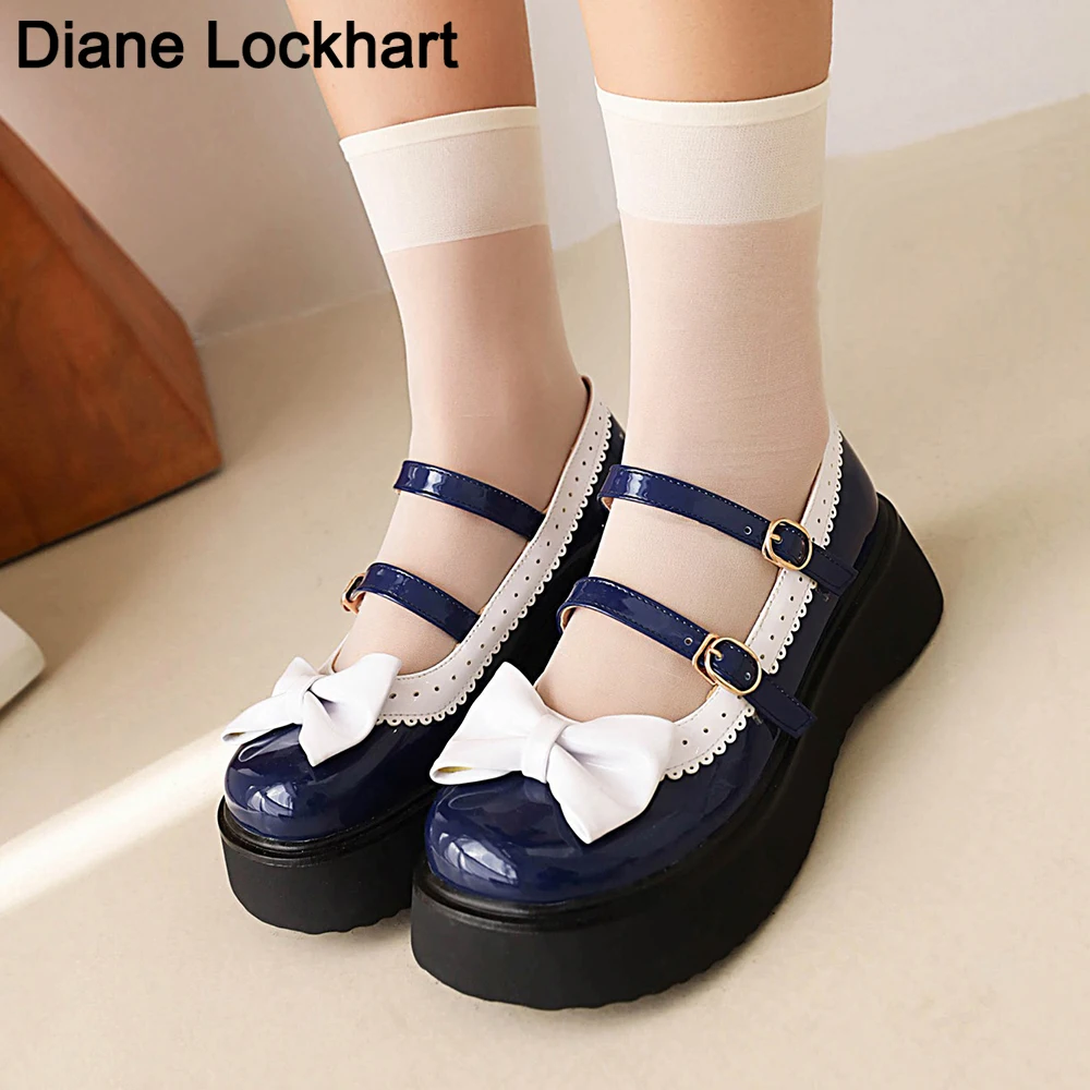 

Kawaii lolita Shoes bow JK Uniform Shoes Mixed colors Mary Janes Woman lolita dress cosplay Shoes women red black Student Flats