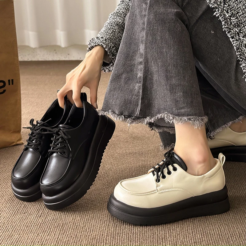 

British Style Retro Fashion Elegant Lace-up Patent Leather Solid Color Pullover All-match Loafers Women's Flat Shoes