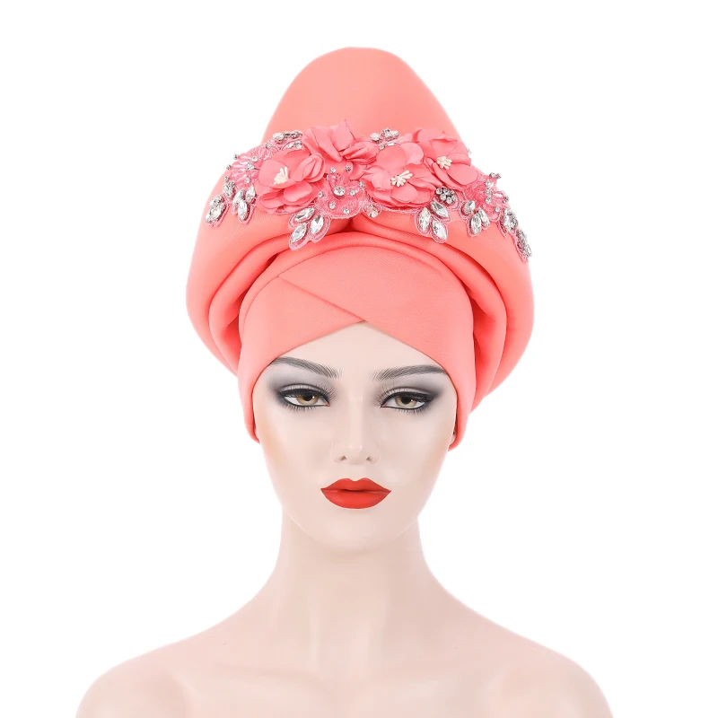 Luxury Rhinestone Auto Gele Already Made Headtie Bonnet Nigerian Wedding Head Ties African Women Head Wraps Turbante Mujer