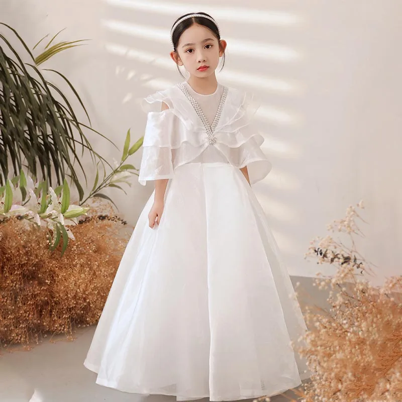 

White Pearls O-Neck Floor-Length Half Sleeves Zipper Back Ball Gown Kids Party Communion Dresses Girl Dresses For Weddings A2067