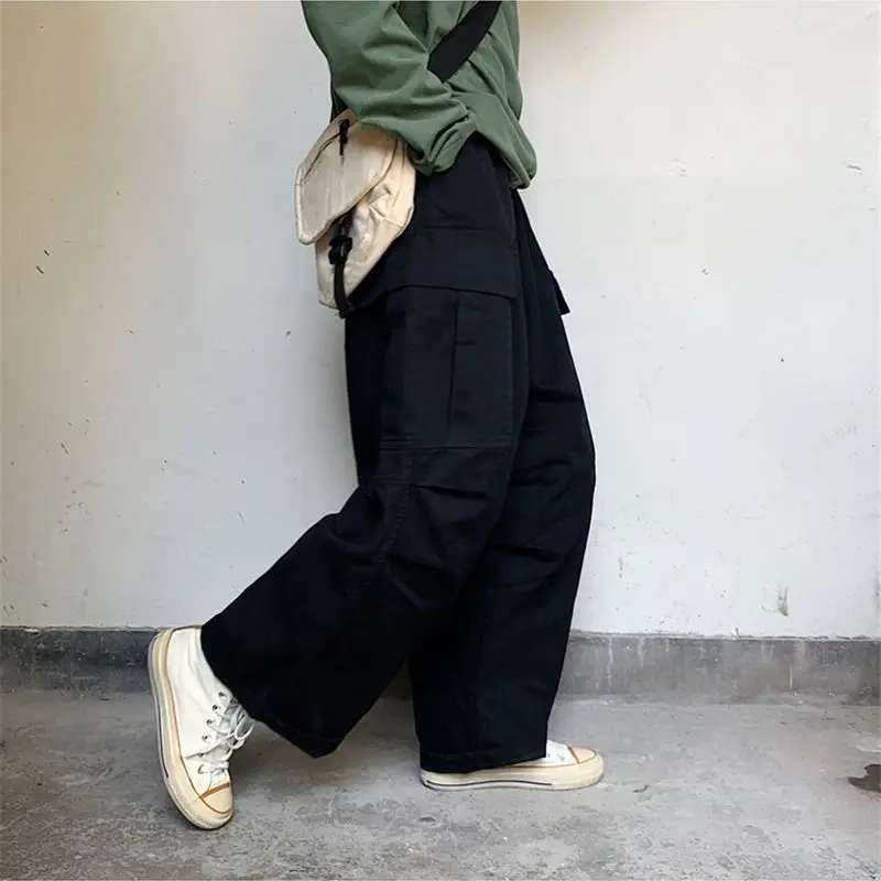 Женские широкие брюки-карго HOUZHOU черные цвета хаки в Корейском стиле большие