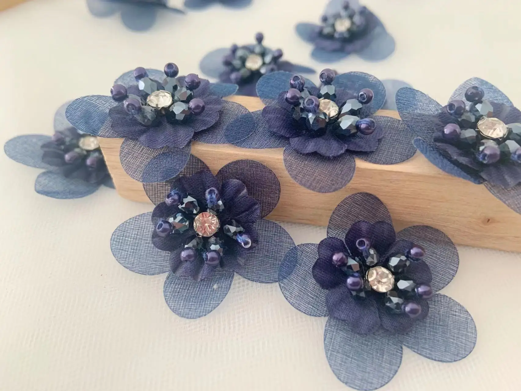 

10 PCS Navy Blue 3D Pearl Beaded Handmade Flowers Multicolor Floral Organza Patch for Clothes DIY Accessories,Wedding Dress