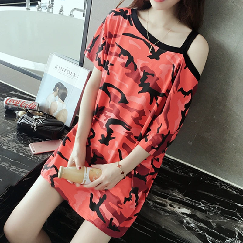 

Летнее корейское платье с коротким рукавом, женские студенческие Свободные повседневные платья, красная камуфляжная футболка средней длин...