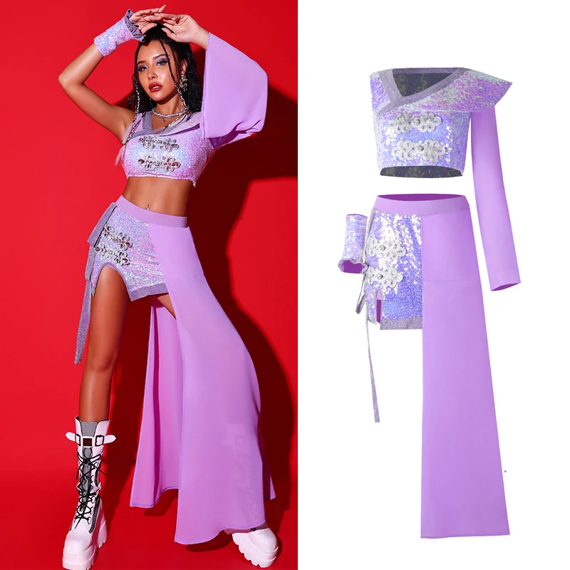 

Sequins Purple Gauze Skirts Kpop Suit Nightclub Bar Dj Gogo Dancers Pole Dance Clothing Women'S Jazz Dance Costumes