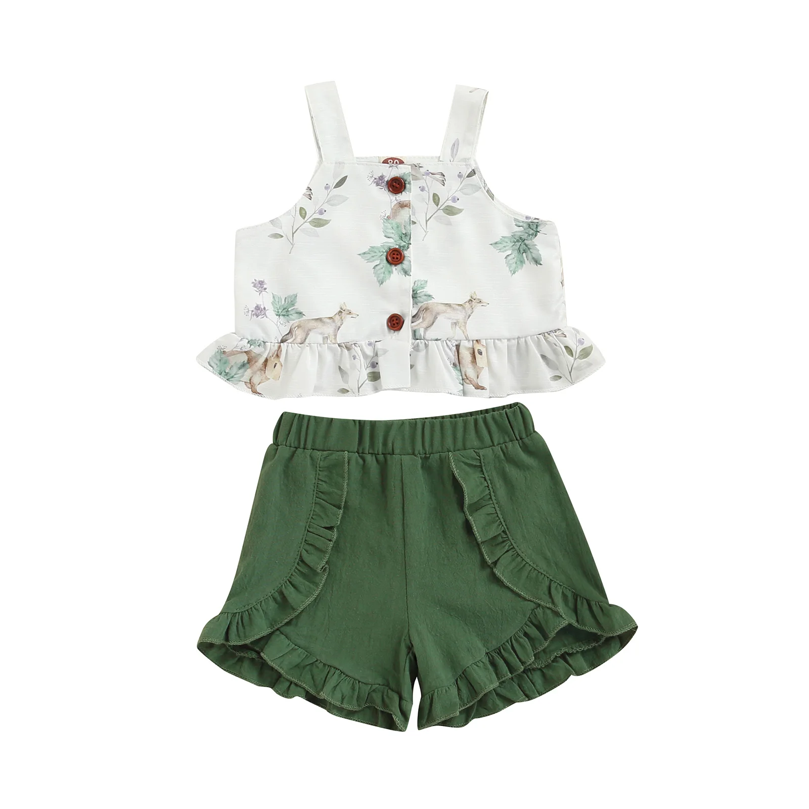

Elegant Baby Girls Clothing Shorts Set Square Neck Floral Suspender Buttoned Camisole Elastic Waist Pleated Solid Color Shorts