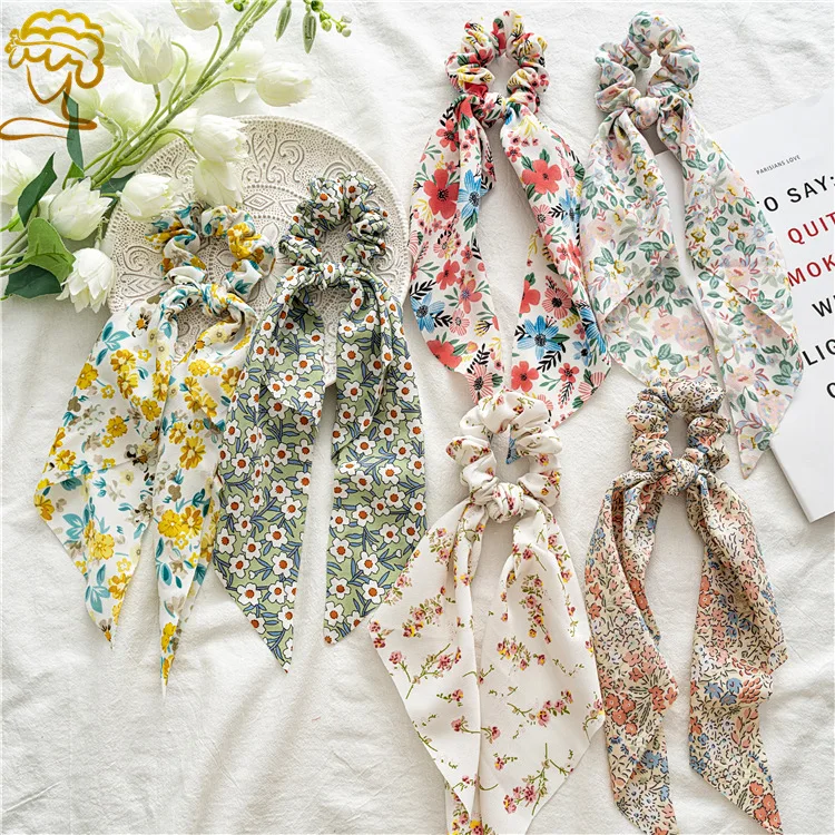 

Chiffon Bow Flower Print Ribbon Hair Ties Silk Knot Floral Elastic Hair Bands Rubber Band Scrunchies for Women Girls Accessories