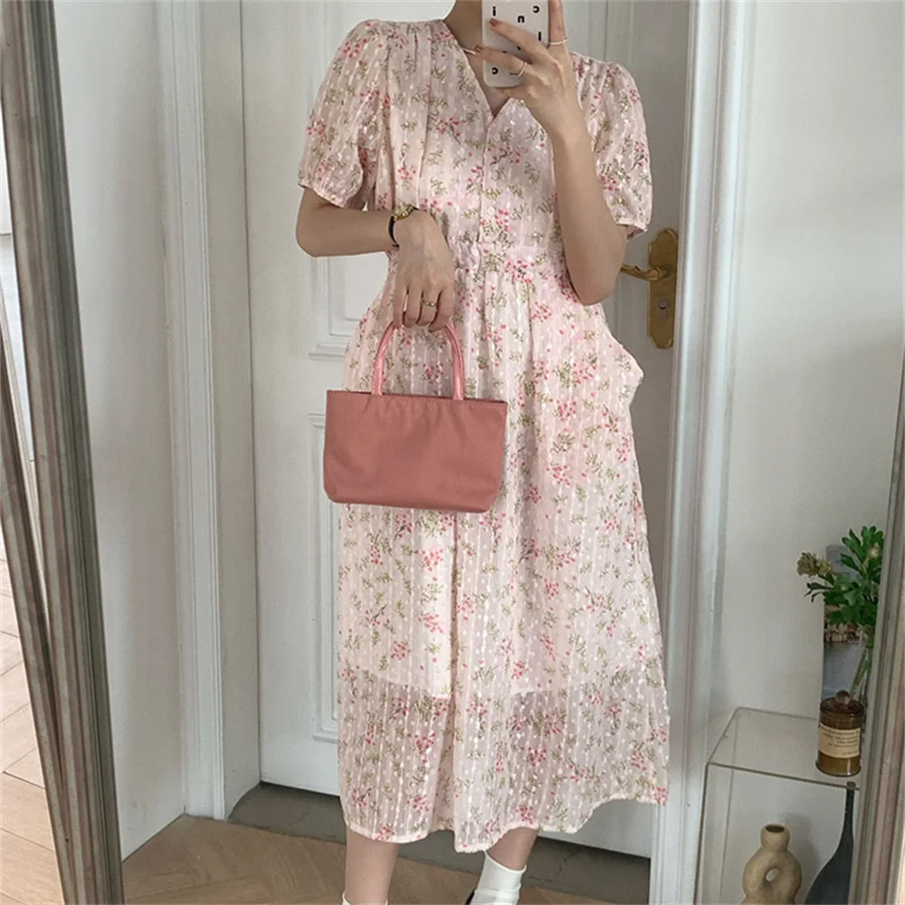 

HziriP Pink V-Neck Florals Dress Holiday New Slim Fairy Chic 2022 Summer Printed Fashion Casual Sweet Mujer Gentle Work Wear
