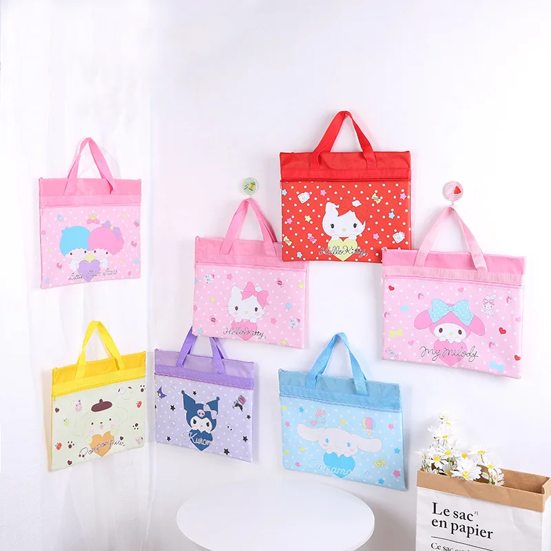 

Kawaii Cartoon Sanrios Heart Series Canvas A4 Double-Layer Portable Document Bag Textbook Storage Bag Students Bag Kids Gift