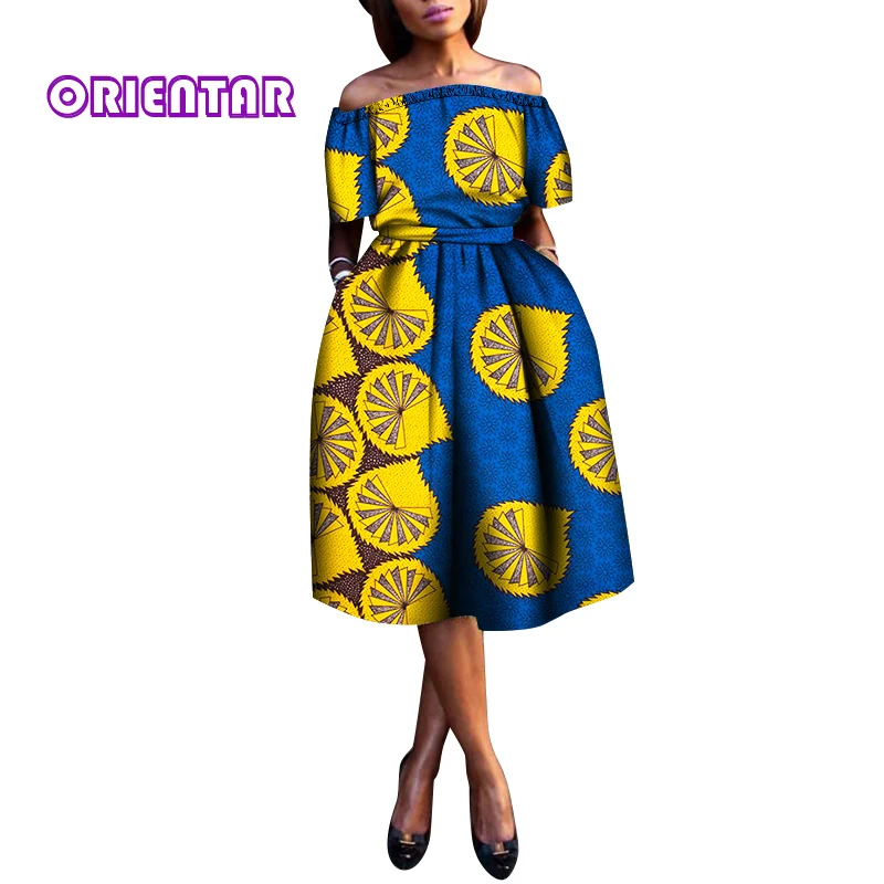 Summer Fashion Women Dresses African Print Slash Neck A-line High Waist Knee-length Dress African Dresses for Women WY8480