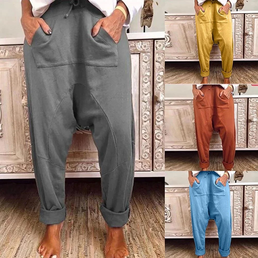 HOT SALES!!! Harem Pants Solid Color Drop Crotch Women Drawstring Pockets Baggy Trousers for Spring
