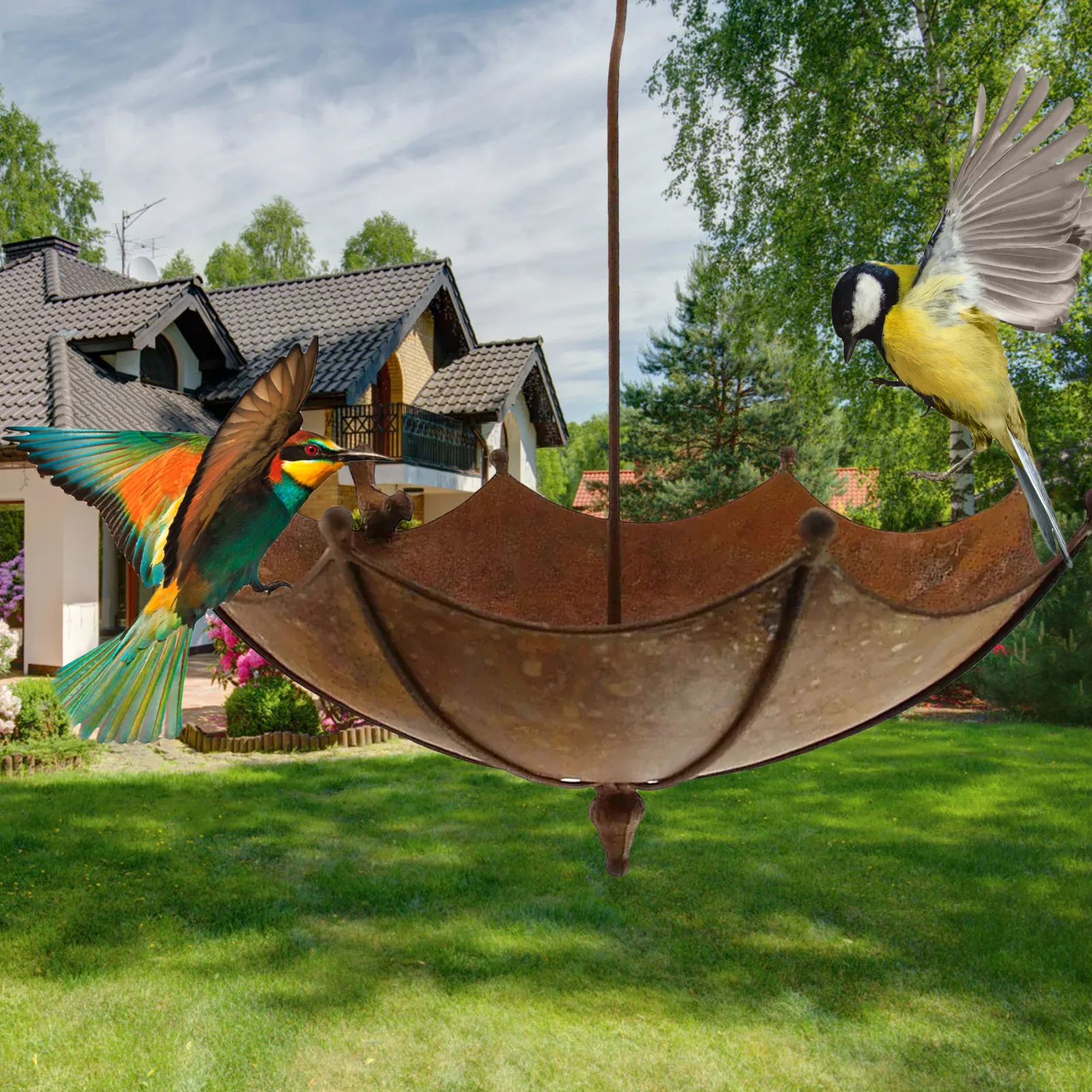

Umbrella-Shaped Bird Trough Wild Bird Feeders For Outdoor Metal Umbrella-Shaped Bird Bath Feeder To In The Garden Decor