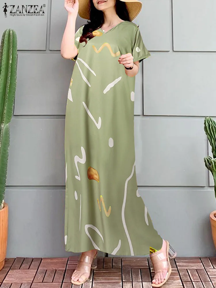 

Модные длинные платья ZANZEA с принтом, женские платья с коротким рукавом и V-образным вырезом, винтажные праздничные пляжные макси-халаты, пов...
