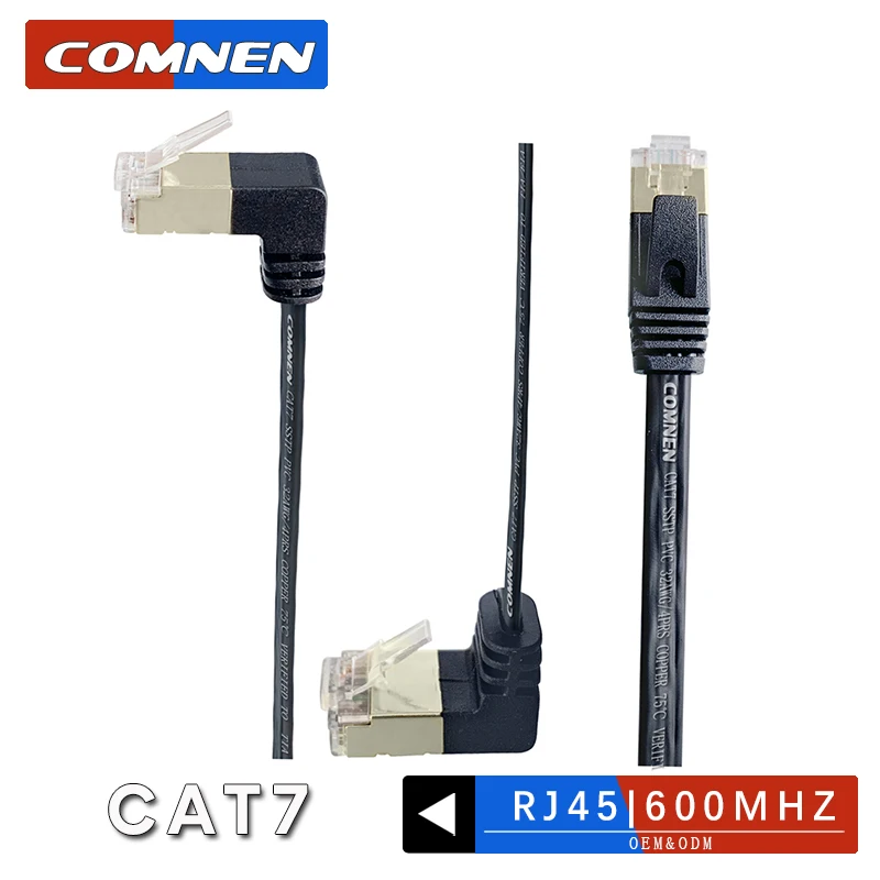 COMNEN Cat7 Ethernet Cable RJ45 90 Degree Angled Flat SSTP Up Down Patch Cord 1/3/5 Feet Network Leads for Router Modem TV Box