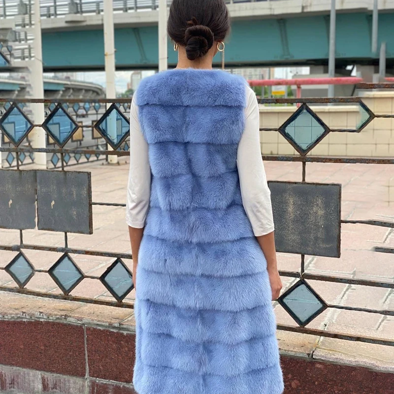 Sleeveless Light Blue Mink Fur Vest Long Style Women Luxury Cozy Genuine Mink Fur Outertwear Lady Autumn Winter Jacket Female