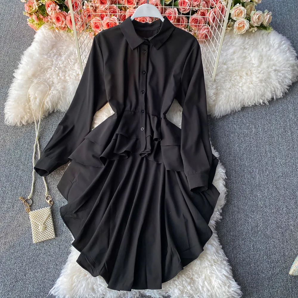 

Spring Autumn New Korean Style Shirt Dresses Elegant Turn Down Collar Long Sleeve Dress Black Irregular Ruffles Dress