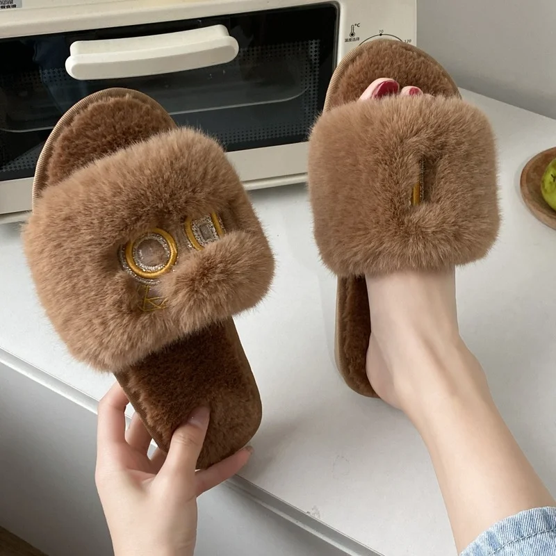 

Open toe winter plush slippers Women flats faux fur wram furry home slippers Female letter embroidery fleece fuzzy slides shoes