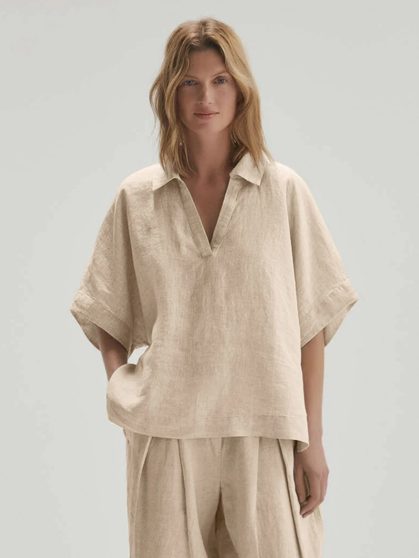 Marthaqiqi Khaki Pajamas For Women Cotton Short Sleeve Sleepwear Sexy Turn-Down Collar Nightwear Trousers Femme Pyjamas Suits