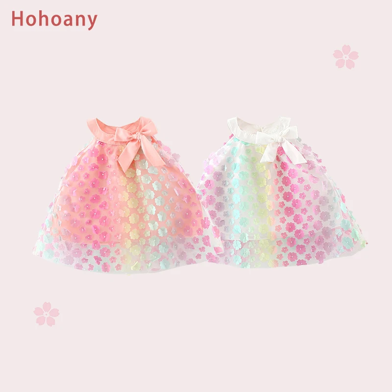 Hohoany Colorful Princess Flower Baby Girl Dresses Summer Bow Children Clothes Thin Birthday Party Toddler Kids Costume 0 to 3 T