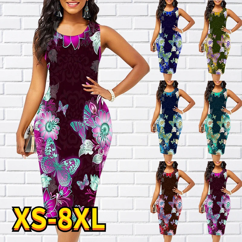 

New Women Shift Dress Fashion Sleeveless Floral Print Dress Summer Round Neck Casual Classic Knee Length Dress 2022 8XL