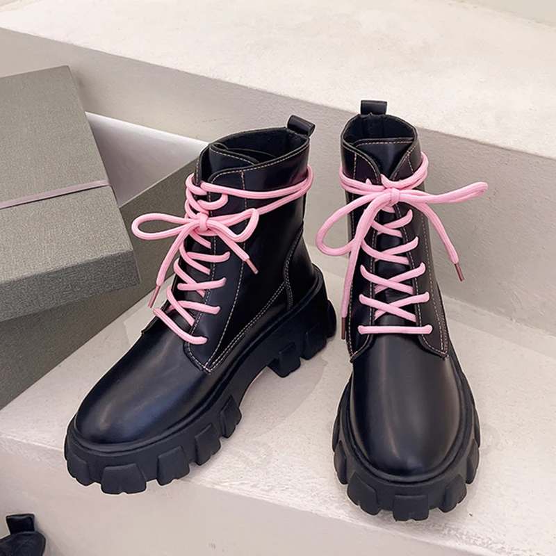 

Women Lace-up Platform Ankle Boots Leather Ankle Boots, Pink 2022 Autumn British Style Thick Heel Women's Boots Platform Boots