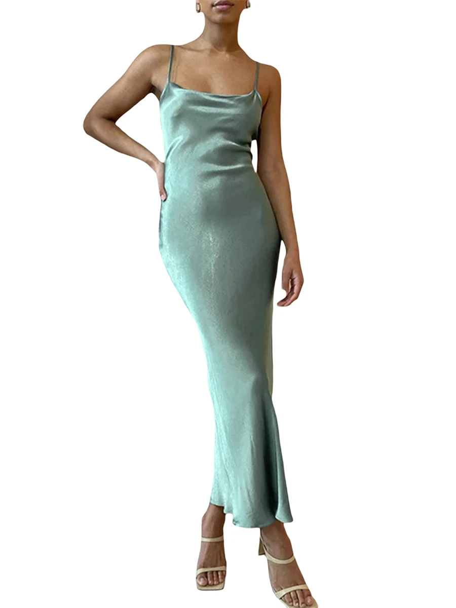 

Women Sexy Sleeveless Midi Dress Bodycon See-Through Sling Backless Mermaid Fishtail Long Dresses Evening Party