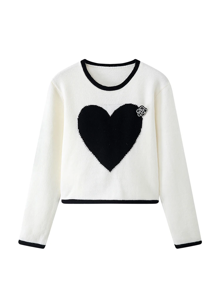 

Women's White Heart Pullover Knitted Sweater Fashion Long Sleeve Sweater Korean Y2k Vintage Jumper Sweaters Top Clothes Autumn