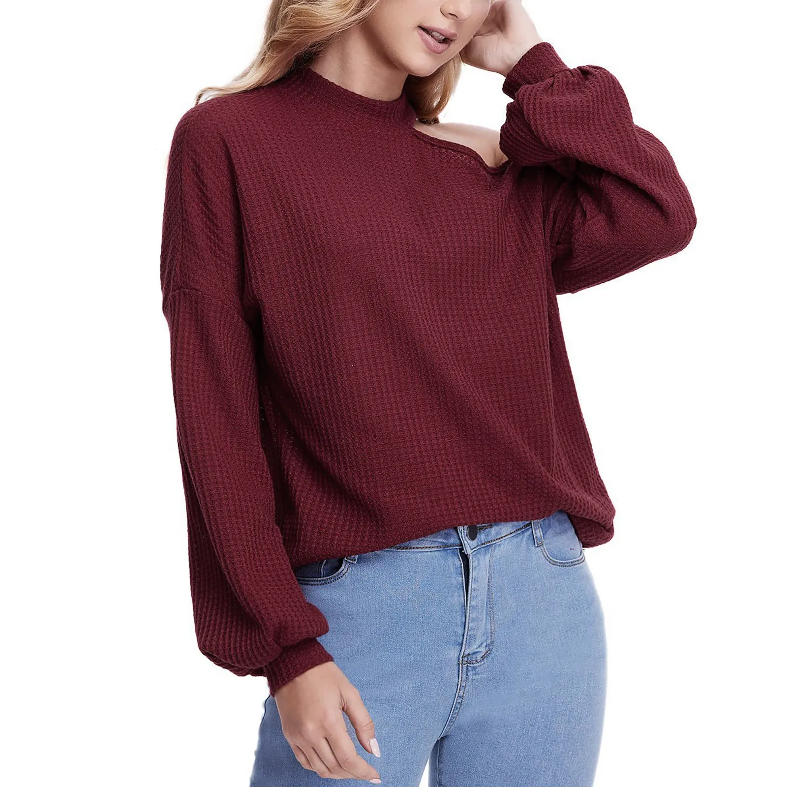 

Womens Crew Neck Cold Shoulder Sweaters Long Sleeve Knit Pullover Sweater Tops Big Collar Sweater Men