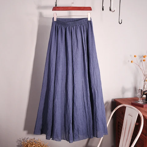 Spring Summer Women Skirts Vintage Long Cotten And Linen Pleated Skirt Casual Solid Color Female Elastic High Waist A-line Skirt