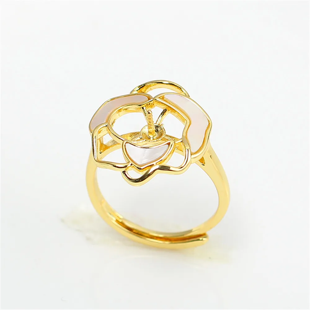 

Domestic 14k Gold Plated Camellia Flower Fritillaria Pearl Ring with Adjustable Opening DIY Accessories for Exquisite Women