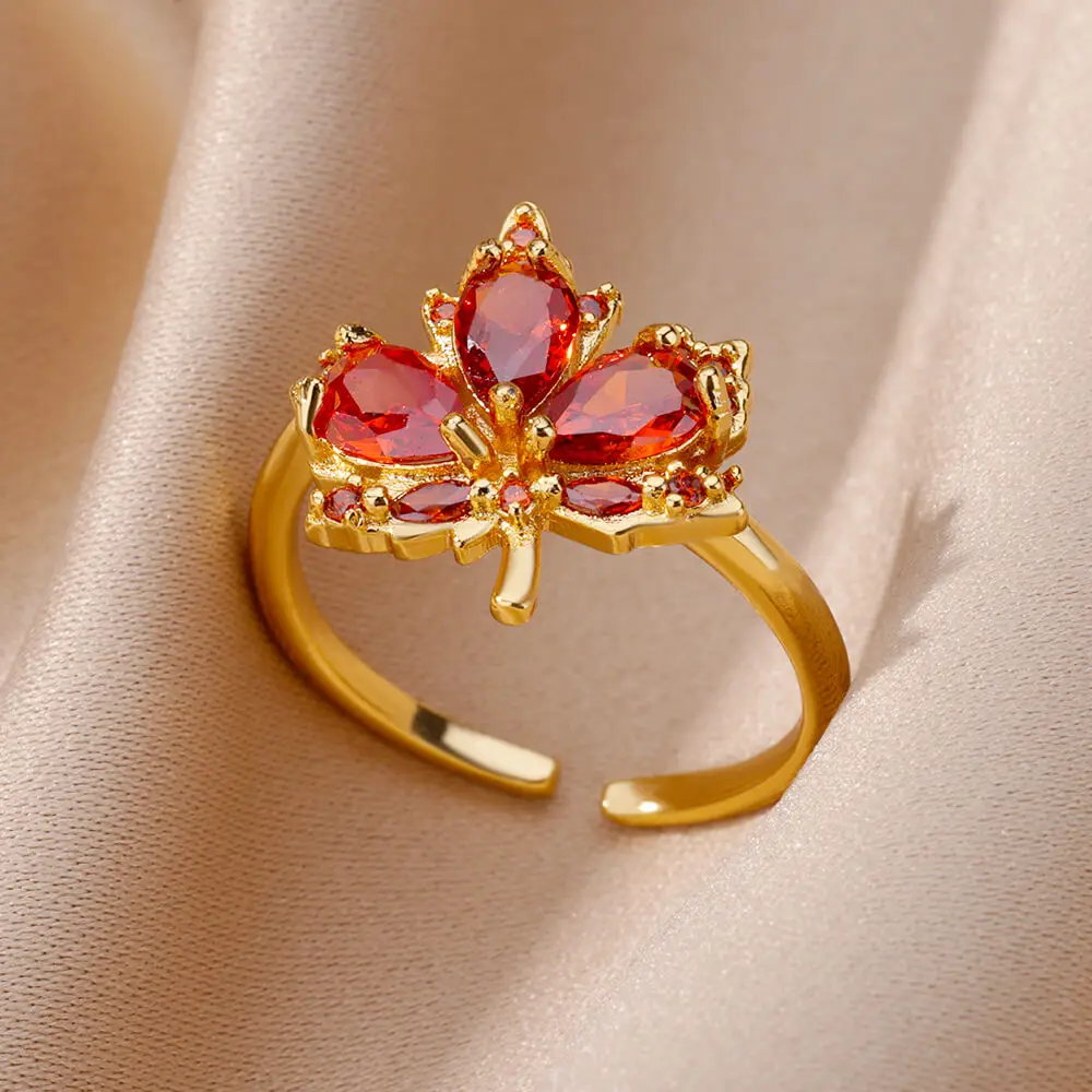 

Zircon Maple Leaf Rings For Women Stainless Steel Gold Plated Opening Plant Ring Fashion Korean Wedding Party Jewerly Gift 2023