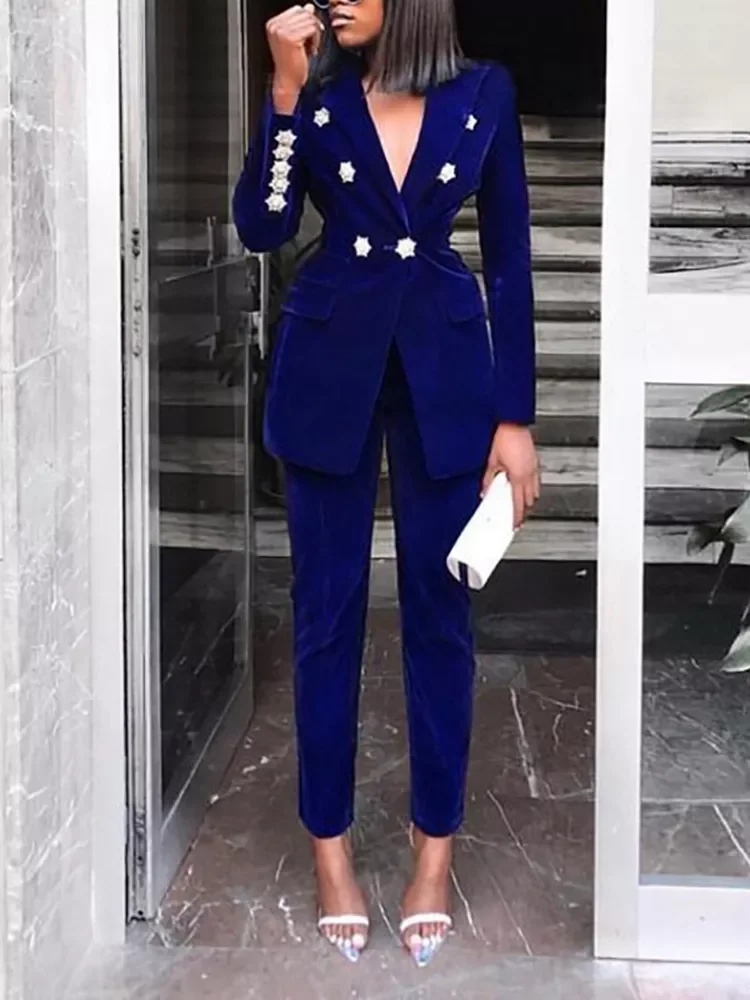

Elegant Two-pieces Women Blazer Suit Casual Streetwear Suits Female Blazer Set Chic Office Ladies Women Coat Suit blue