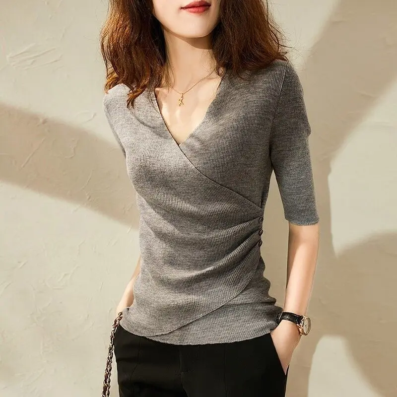 

Long sleeve V-neck winter solid color casual top 2023 gray