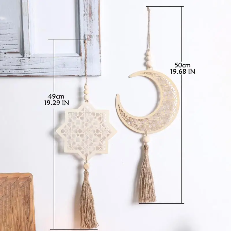 

Handmade Wooden Pendants Vintage Star-And-Moon Hollowed-Out Home Decoration Wooden Beads Tassels Ornaments